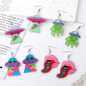 Funny Alien UFO Acrylic Drop Earrings Colorful Graphic Print Dangle Earrings For Women Teens Kids Cartoon Jewelry Gift