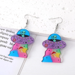 Funny transparent acrylic alien and UFO dangle earrings with colorful gradient design