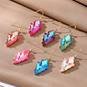 Elegant geometric crystal leaf earrings in multiple vibrant colors with gold metal hooks