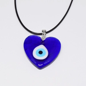 Collier vintage œil turc avec pendentif cœur en verre bleu foncé sur cordon noir élégant
