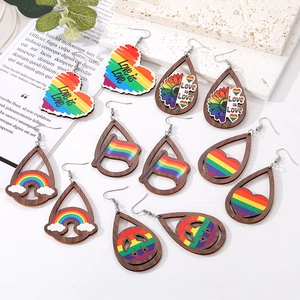 Vintage Wooden Teardrop Earrings Wood Alloy Rainbow Pride Jewelry Heart Peace Sunflower Dangle Earrings For Women