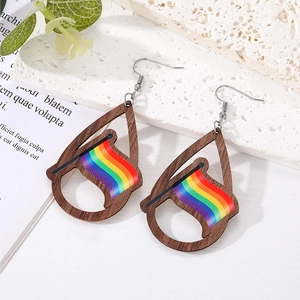 Vintage water drop hollow wooden earrings with pride rainbow flag colors for women