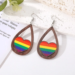 Retro teardrop wooden earrings with rainbow heart cutout and silver metal hooks