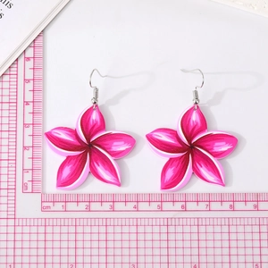 Pink acrylic floral drop earrings for women featuring gradient petals and silver hooks