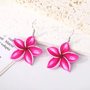 Minimalist pink acrylic plumeria flower drop earrings with a summer Hawaiian floral style