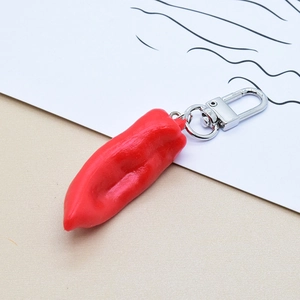 Creative red chili pepper resin keychain with realistic texture and silver metal lobster clasp