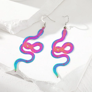 Rainbow snake dangle earrings with gradient finish and gold etched mystical symbols