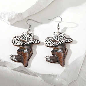 Western wooden earrings featuring leopard cowboy hat and patterned boot designs