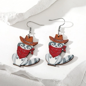 Cartoon raccoon wooden earrings with brown cowboy hat and red bandana on white stone base