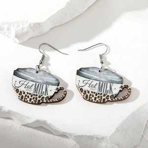 Handmade wooden coffee cup earrings featuring leopard print and 'Hot Milk' typography