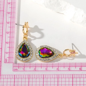 Elegant gold teardrop earrings with rainbow gradient stones and crystal halo