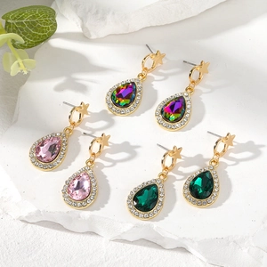 Vintage Glass Water Drop Earrings For Women Gold Plated Alloy Star Stud Earrings With Rhinestone Fashion Jewelry Gift