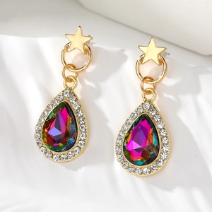 Elegant gold star earrings with multi-color teardrop crystal and pave diamond border