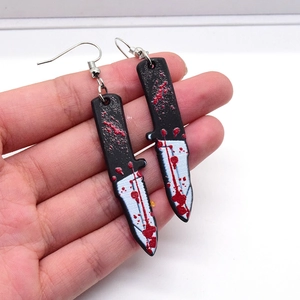 Spooky Halloween acrylic earrings featuring bloody dagger design with black handle