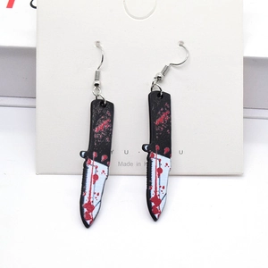 Gothic acrylic Halloween earrings featuring bloody folding knife pendants on white card