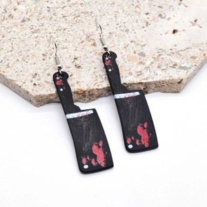 Gothic acrylic kitchen knife earrings with blood splatter print for Halloween style