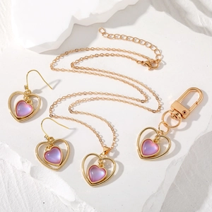 Collier Pendentif Cœur en Alliage Pierre Œil de Chat Style Coréen Boucles d'Oreilles Porte-Clés pour Femme Bijoux Élégants