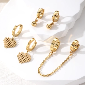 Stainless Steel Hoop Earrings For Women Men Gold Plated Pixel Heart Hollow Out Ball Drop Chain Connector Hip Hop Jewelry
