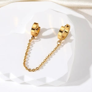 Minimalist gold stainless steel double piercing earrings with connector chain link