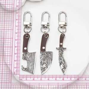 Three-piece set of mini vintage alloy kitchen knife keychains with Damascus patterns
