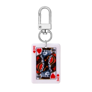 Miniature acrylic King of Hearts playing card keychain with silver metal clip