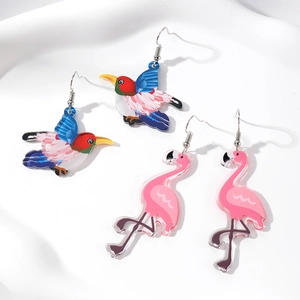 Boucles d'Oreilles Pendantes Créatives en Acrylique Flamant Rose Oiseau Imprimé Crochet en Alliage Couleur Argent Bijoux Femme