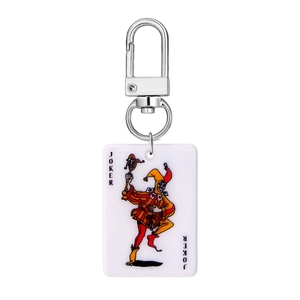 Miniature Joker playing card keychain with acrylic charm and silver metal lobster clasp