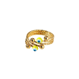 Anello etnico a spirale con ciondoli occhio del diavolo e superficie dorata testurizzata