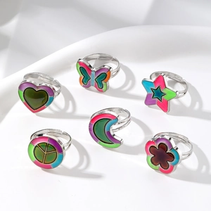 Bague d'Humeur Tendance en Alliage Changement de Couleur Thermique Cœur Étoile Lune Signe Paix Ouverte Réglable