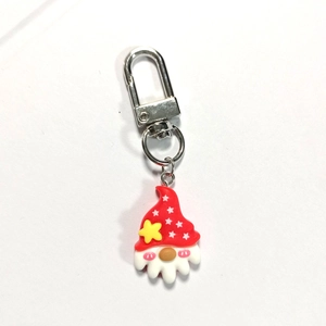 Cute cartoon Santa gnome keychain with red resin hat and silver metal spring hook