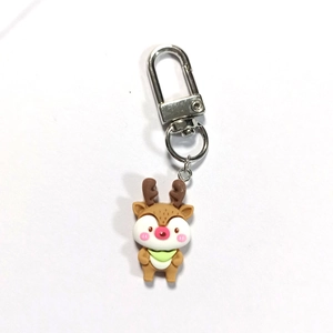 Cute reindeer cartoon keychain with green scarf and silver swivel metal spring clasp