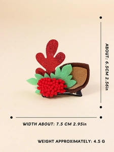 Detailed view of Christmas reindeer antler hair clip with size dimensions and plush ball
