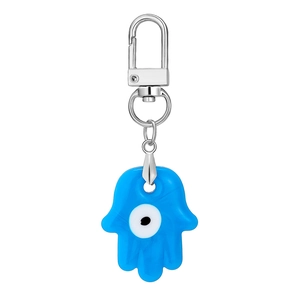 Primo piano portachiavi mano di Hamsa in vetro blu con ciondolo contro il malocchio