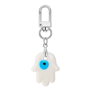 Portachiavi Mano di Fatima con occhio magico blu e moschettone in metallo argento lucido