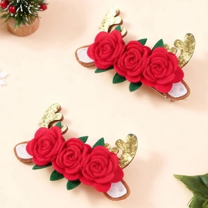 Weihnachten Pailletten Geweih Haarklammern Mit 3D Rose Blume Für Mädchen Damen Rot Gold Feiertag Entenschnabel-Clip Kopfschmuck