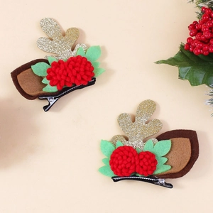 Christmas reindeer antler hair clips with gold glitter and red plush pom-pom decor