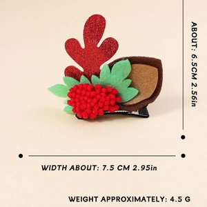 Christmas hair clips with red reindeer antlers, green leaves, pom poms and acorns