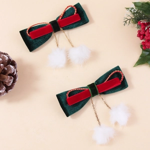 Pince à Cheveux Nœud de Noël Fait Main Avec Pompons Blancs Velours Rouge Vert Bec de Canard Accessoire Cheveux Doux de Fête