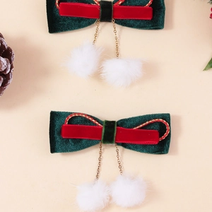 Nœuds à cheveux de Noël en velours avec bordure dorée et pompons blancs soyeux