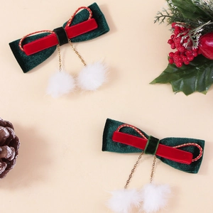 Barrettes à cheveux de Noël avec nœud en velours, chaînes dorées et pompons blancs