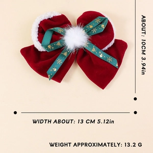 Weihnachts-Haarspange mit roter Samtschleife, weißem Pelzrand und grünem Schneeflockenband