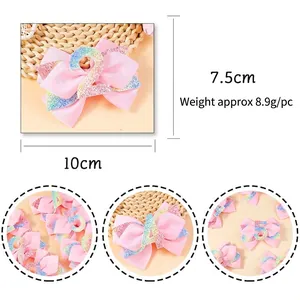Fermaglio per capelli con fiocco rosa glitterato e numero per bambine in nastro grosgrain