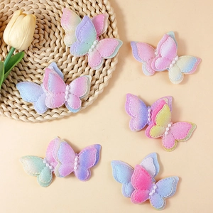 Colorful gradient double-layer fabric butterflies with pearl centers for DIY crafts