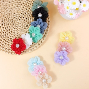 Handmade layered gauze flower accessories with center pearl bead for DIY hair clips