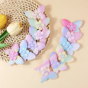 Polyester Butterfly Patch With Faux Artificial Pearl And Glitter Gradient Rainbow Fabric Flower For DIY Hair Jewelry Apparel Bags