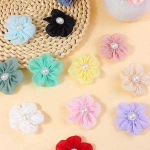 Handmade chiffon five-petal flower charms with pearls for DIY hair accessories and crafts