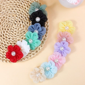 Handmade Mesh Fabric Flower Patch With Faux Artificial Pearl Rhinestone Center For DIY Hair Accessories Clothing Decor Floral