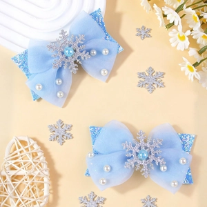 Barrettes à cheveux nœud bleu style princesse Elsa avec flocons de neige et perles