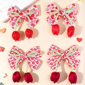 Red bow hair clips with heart prints and tulip charms for girls' Valentine gifts