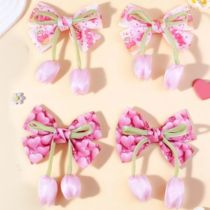 Valentine Day Bow Hair Clips For Girls Heart Print Ribbon Hairpins Sweet Fabric Tulip Pendant Duckbill Clips Hair Accessories
